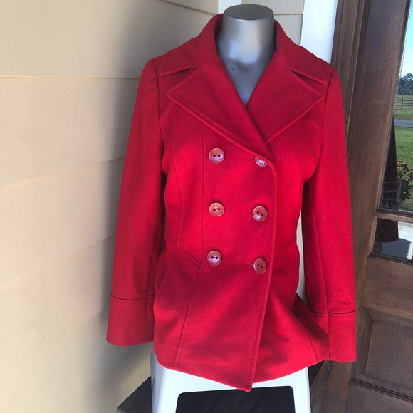 guess red peacoat